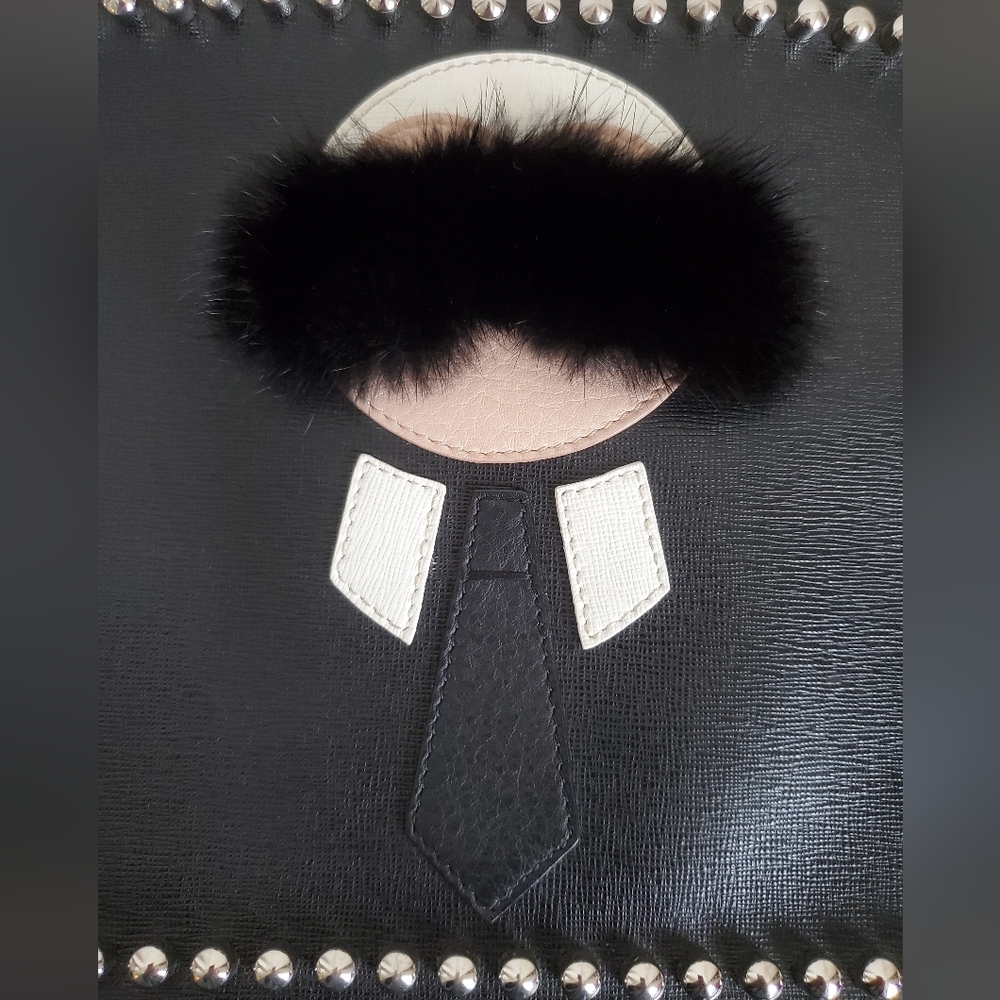 Fendi Black Leather Mink-Trimmed Silver Studded Karlito Pouch - Picture 4 of 12